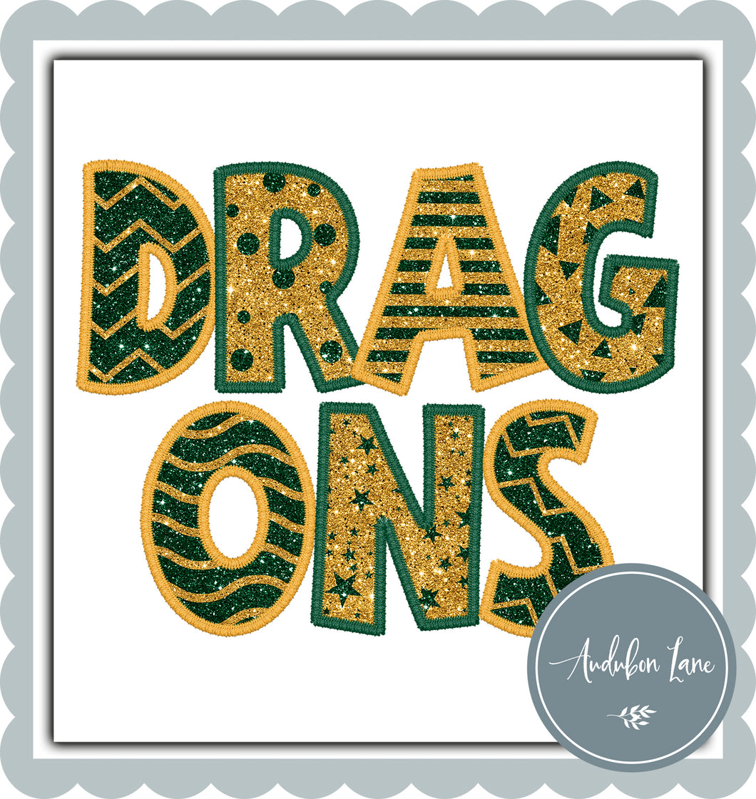 Dragons Stacked Faux Glitter and Embroidery Dk Green and Yellow Gold