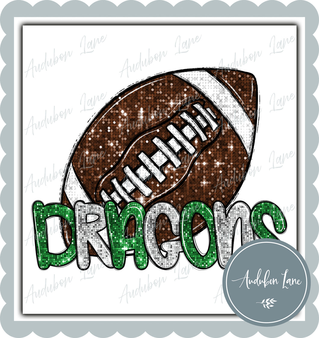 Dragons White and Green Faux Sequin Football with Mascot Print Ready To Press DTF Transfer Custom Colors Available On Request