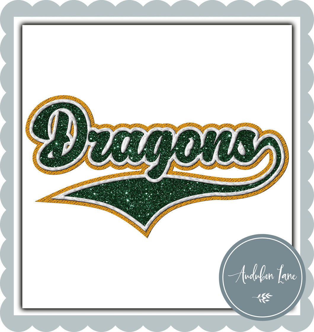 Dragons Faux Dk Green Glitter and White and Yellow Gold Embroidery