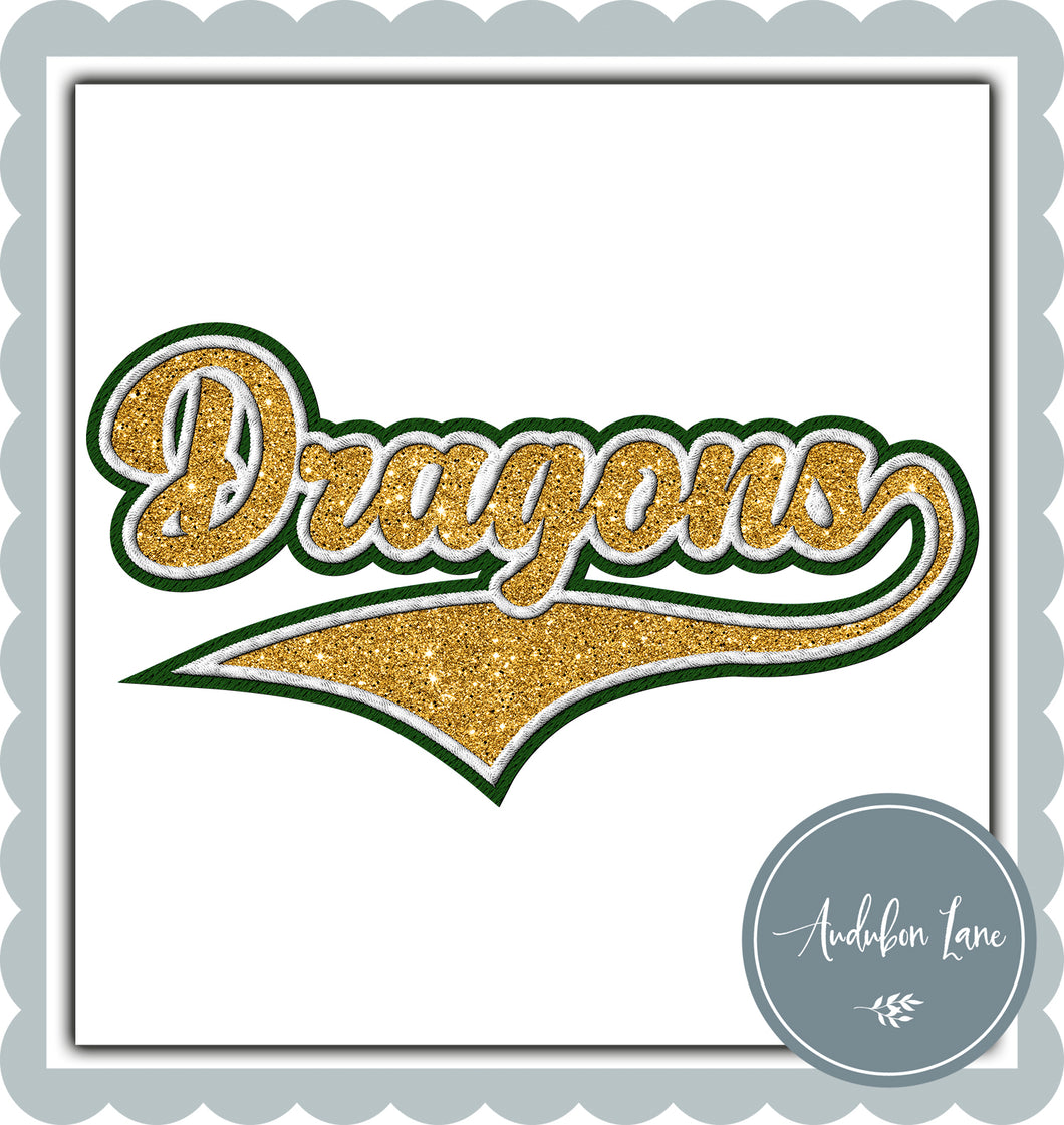 Dragons Faux Yellow Gold Glitter and White and Med Green Embroidery