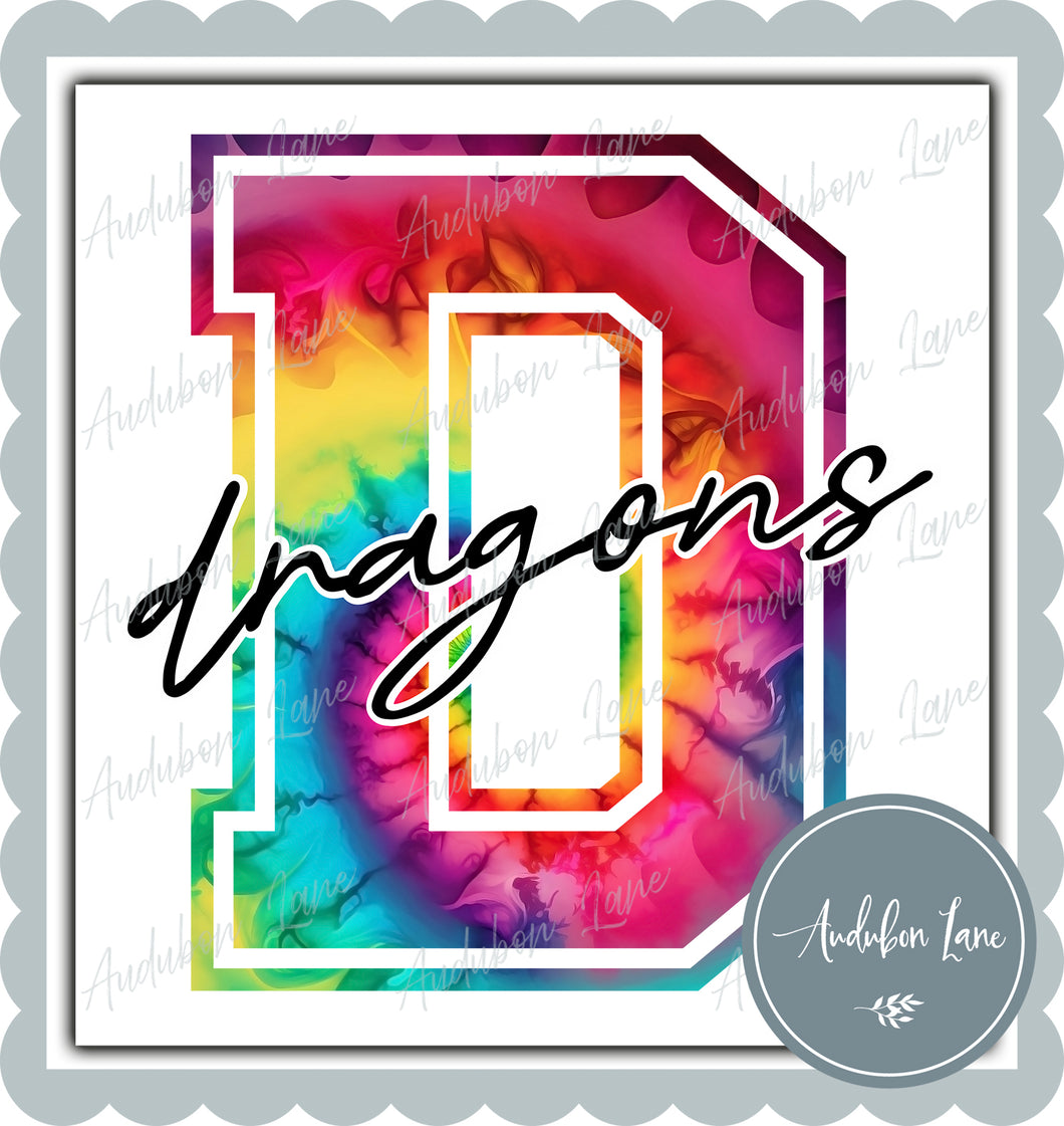 Dragons Rainbow Tie Dye Mascot Letter Ready to Press DTF Transfer Customs Available On Request