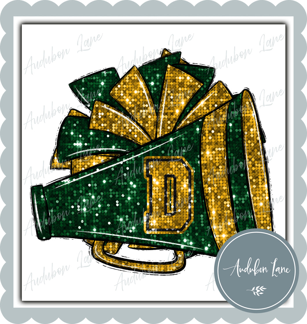 D Dk Green and Gold Faux Sequin Megaphone and Pom with Mascot Print Ready To Press DTF Transfer Custom Colors Available On Request