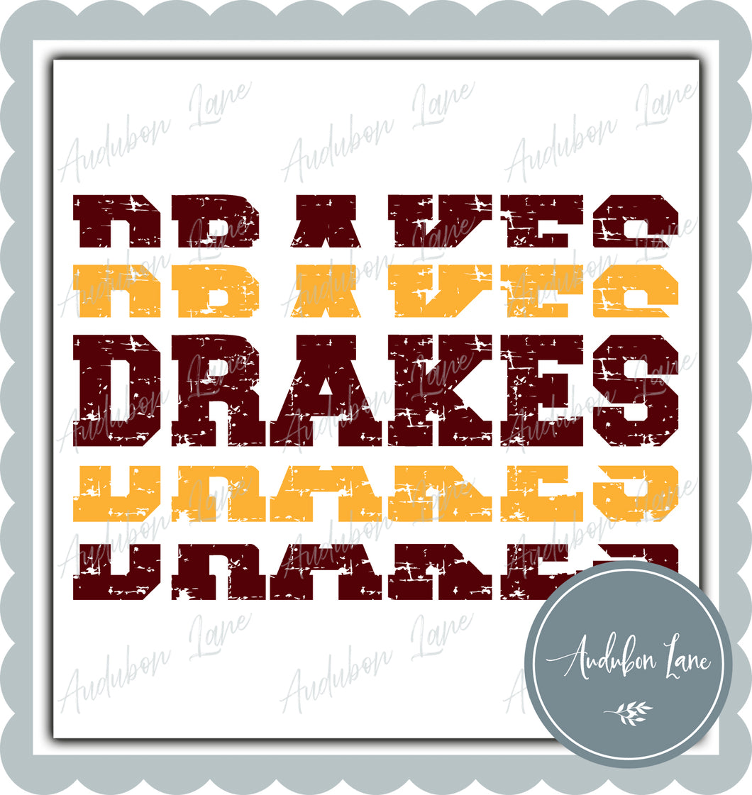 Drakes Stacked Pro Distressed Two Color Maroon and Yellow Gold Ready To Press DTF Transfer Custom Colors Available On Request