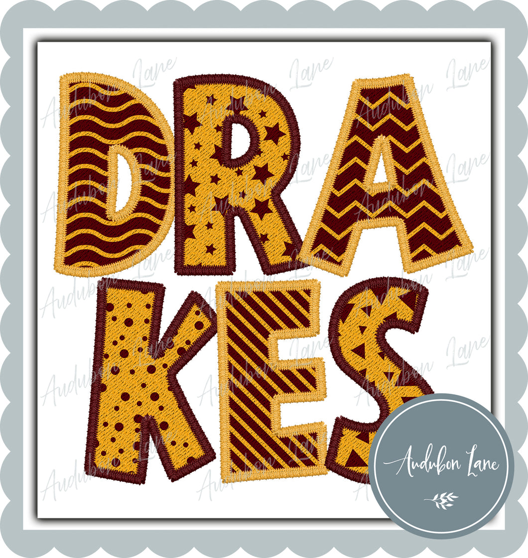 Drakes Stacked Faux Embroidery Maroon and Yellow Gold Shapes Ready To Press DTF Transfer Custom Colors Available On Request