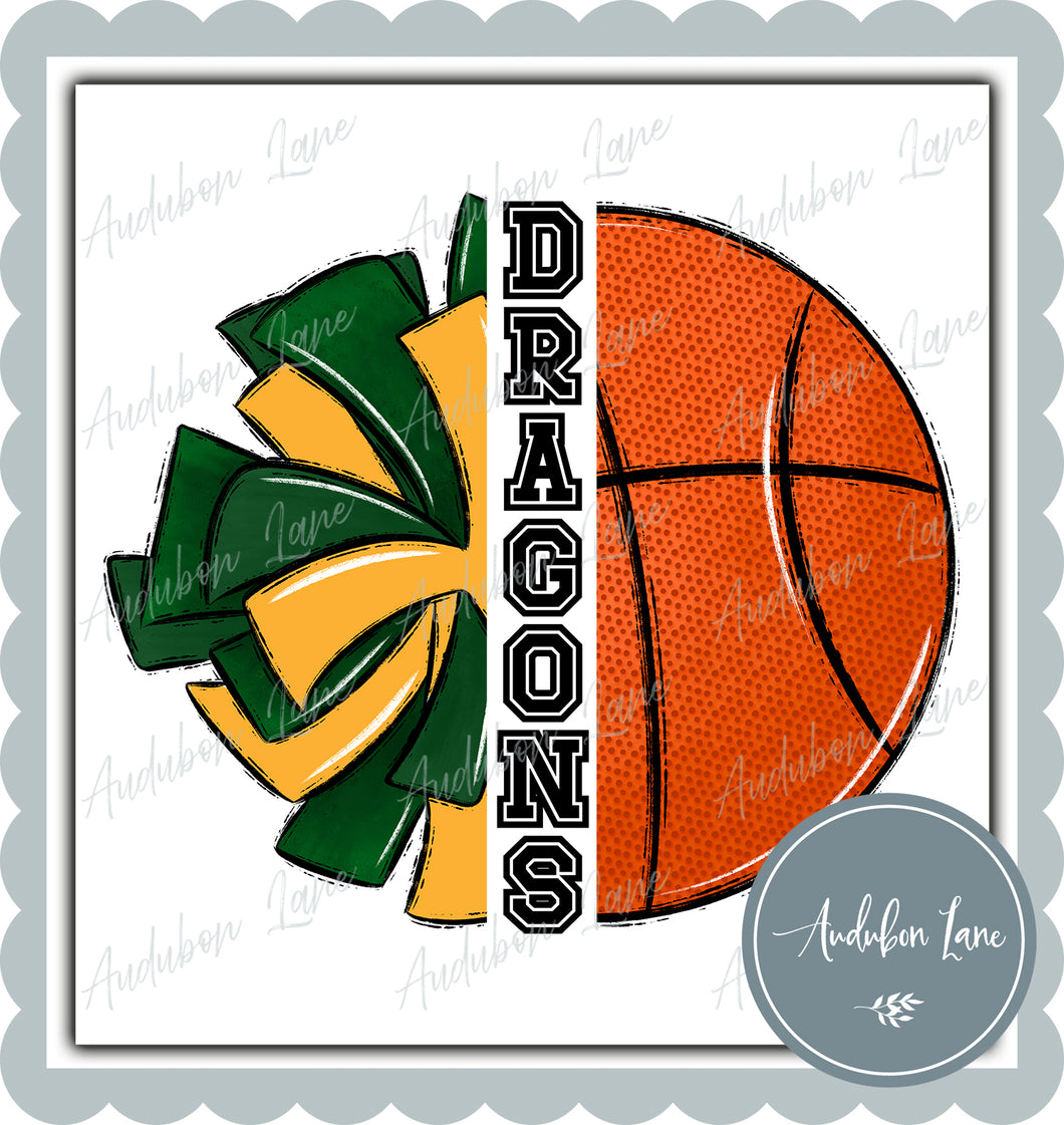 Dragons Dual Sports Cheer and Basketball Dk Green and Yellow Gold Print Ready To Press DTF Transfer Custom Colors Available On Request