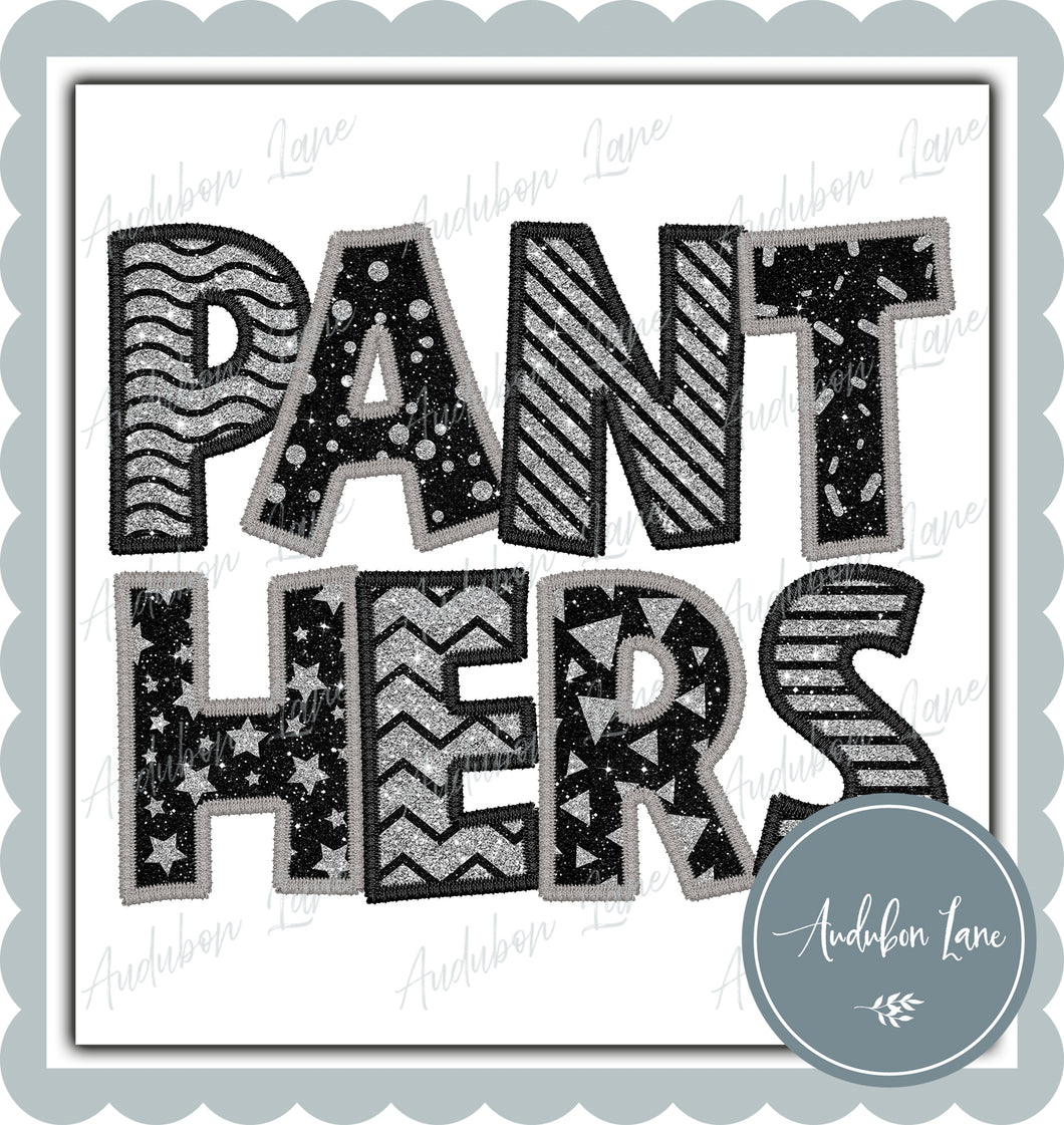 Panthers Stacked Faux Glitter and Embroidery Black and Silver Shapes Ready To Press DTF Transfer Custom Colors Available On Request