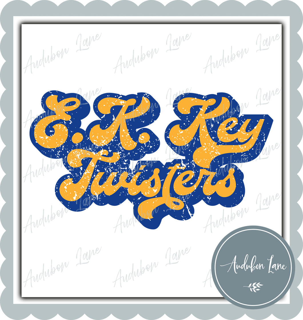 Key Twisters Retro Distressed Yellow Gold and Royal Print Ready To Press DTF Transfer Custom Colors Available On Request