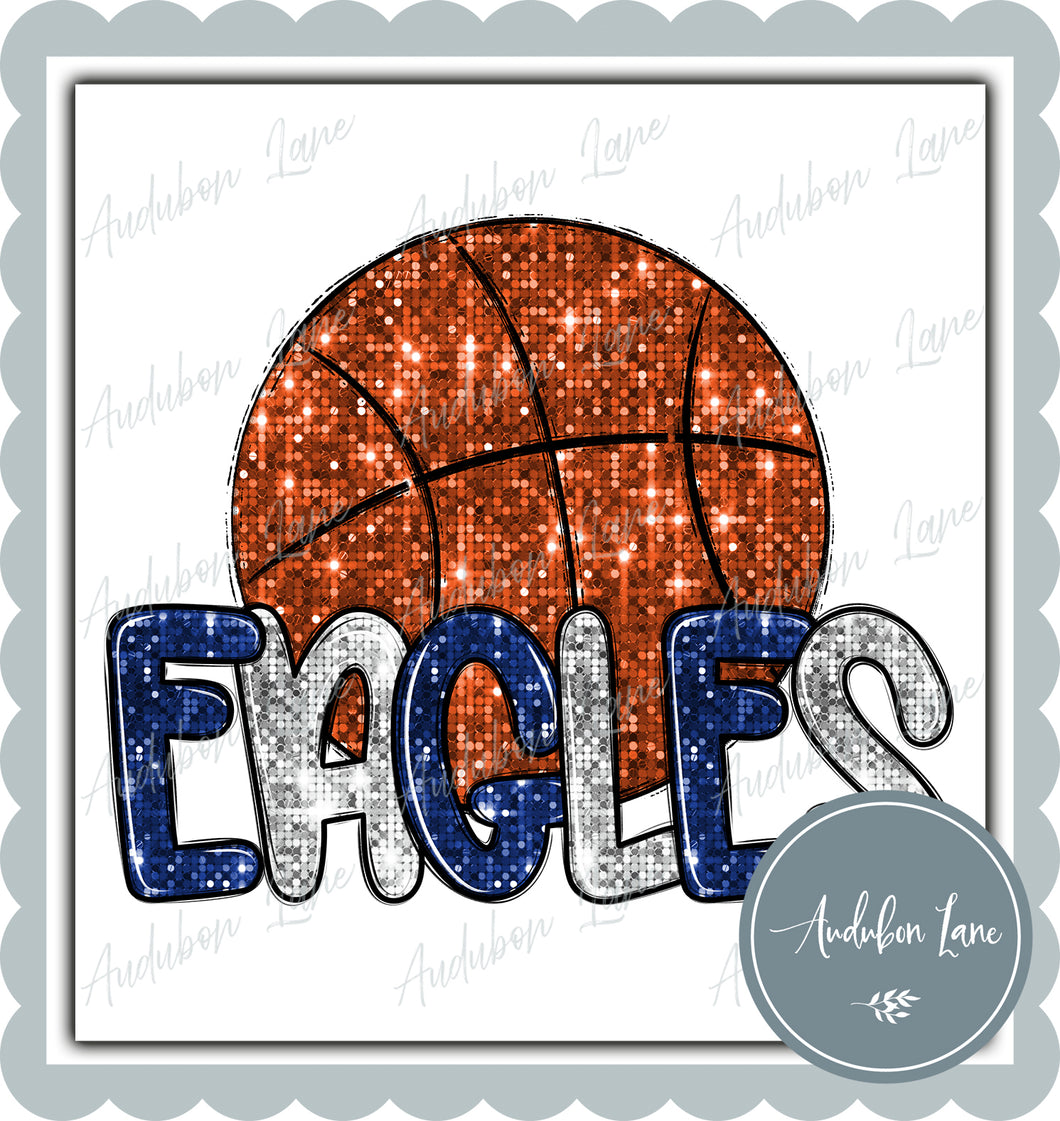 Eagles Royal Blue and White Faux Sequin Basketball with Mascot Print Ready To Press DTF Transfer Custom Colors Available On Request