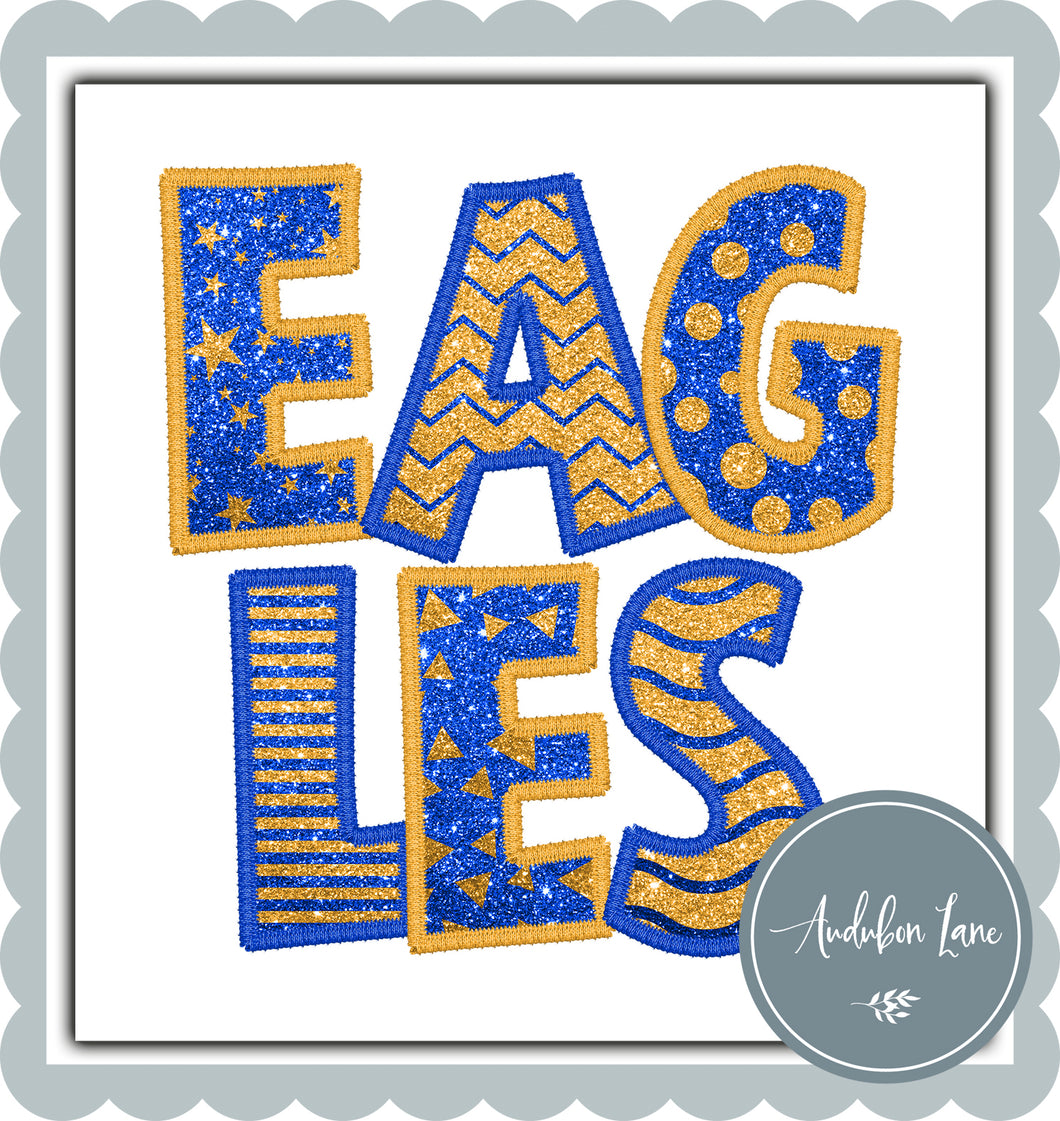 Eagles Stacked Faux Blue and Gold Embroidery and Glitter Stacked