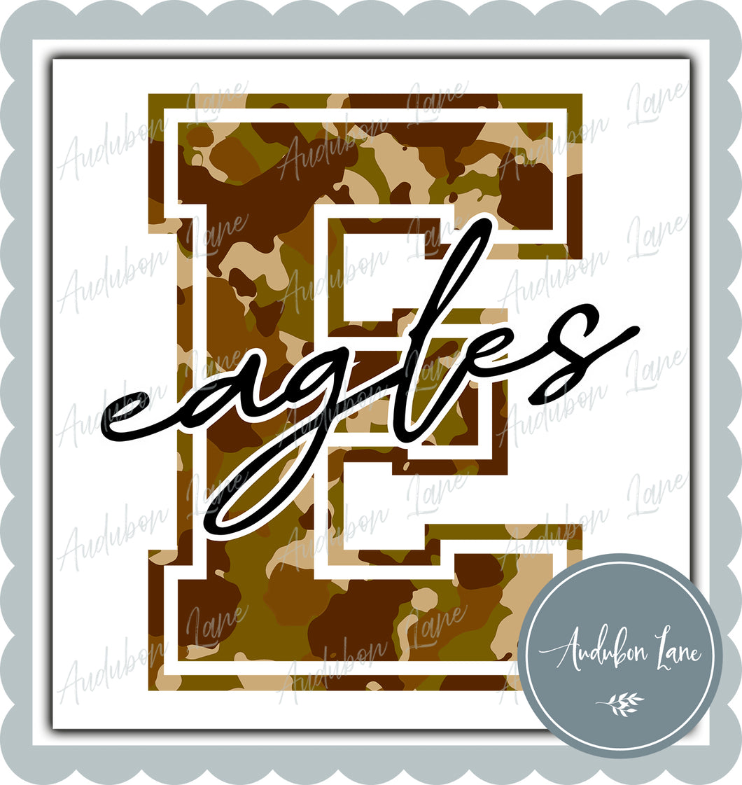 Eagles Old School Camo Mascot Letter Ready to Press DTF Transfer Customs Available On Request