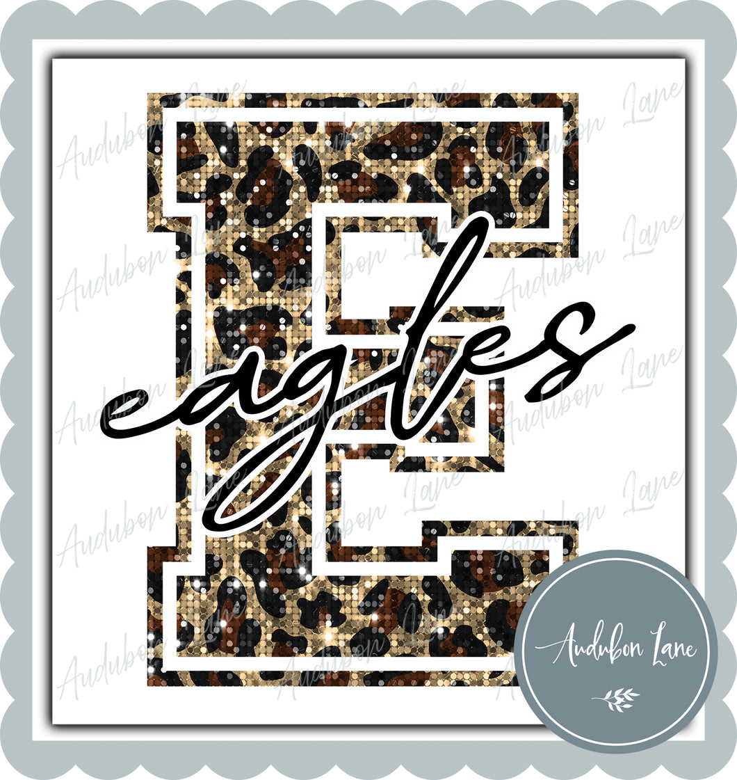 Eagles Sequin Leopard Mascot Letter Ready to Press DTF Transfer Customs Available On Request