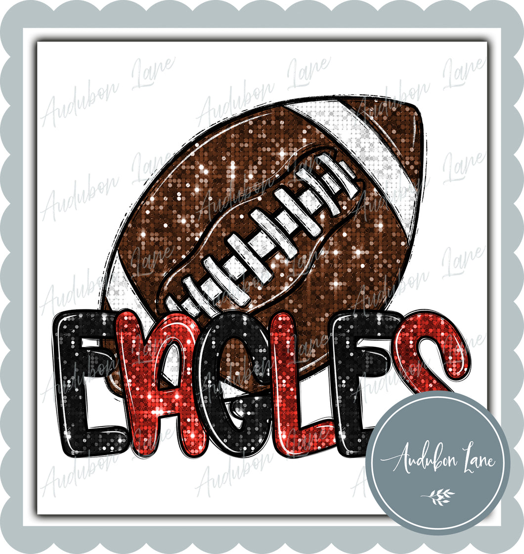 Eagles Red and Black Faux Sequin Football with Mascot Print Ready To Press DTF Transfer Custom Colors Available On Request