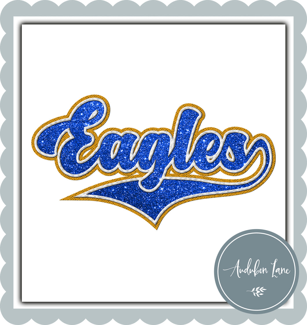 Eagles Faux Glitter Blue and White and Yellow Gold Embroidery