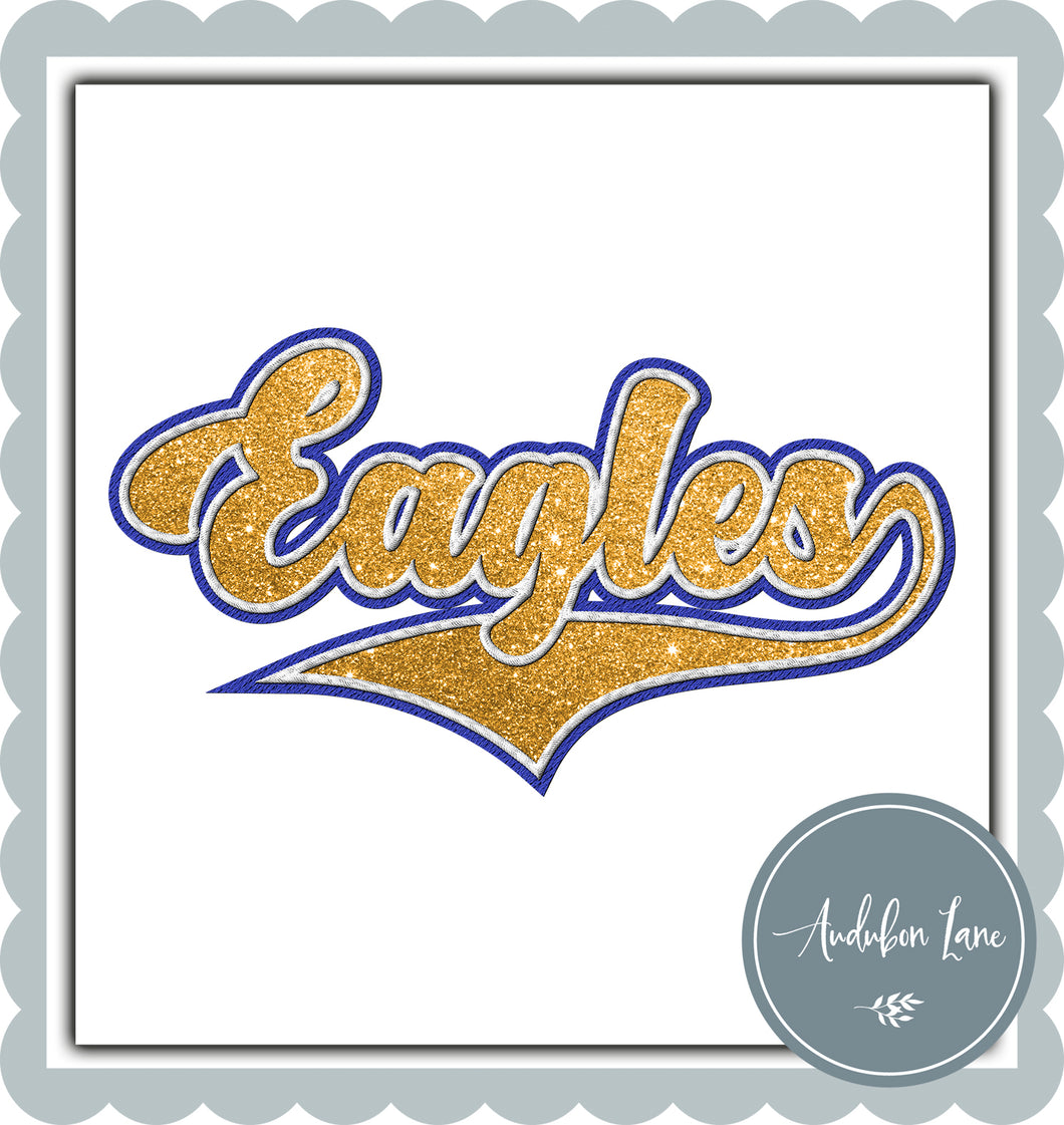 Eagles Faux Glitter Yellow Gold and White and Blue Embroidery