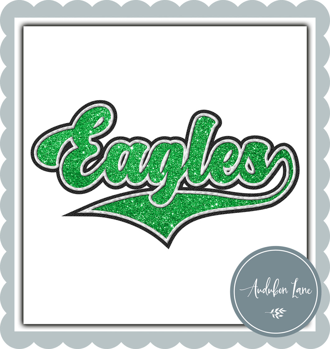 Eagles Faux Glitter Green and White and Black Embroidery