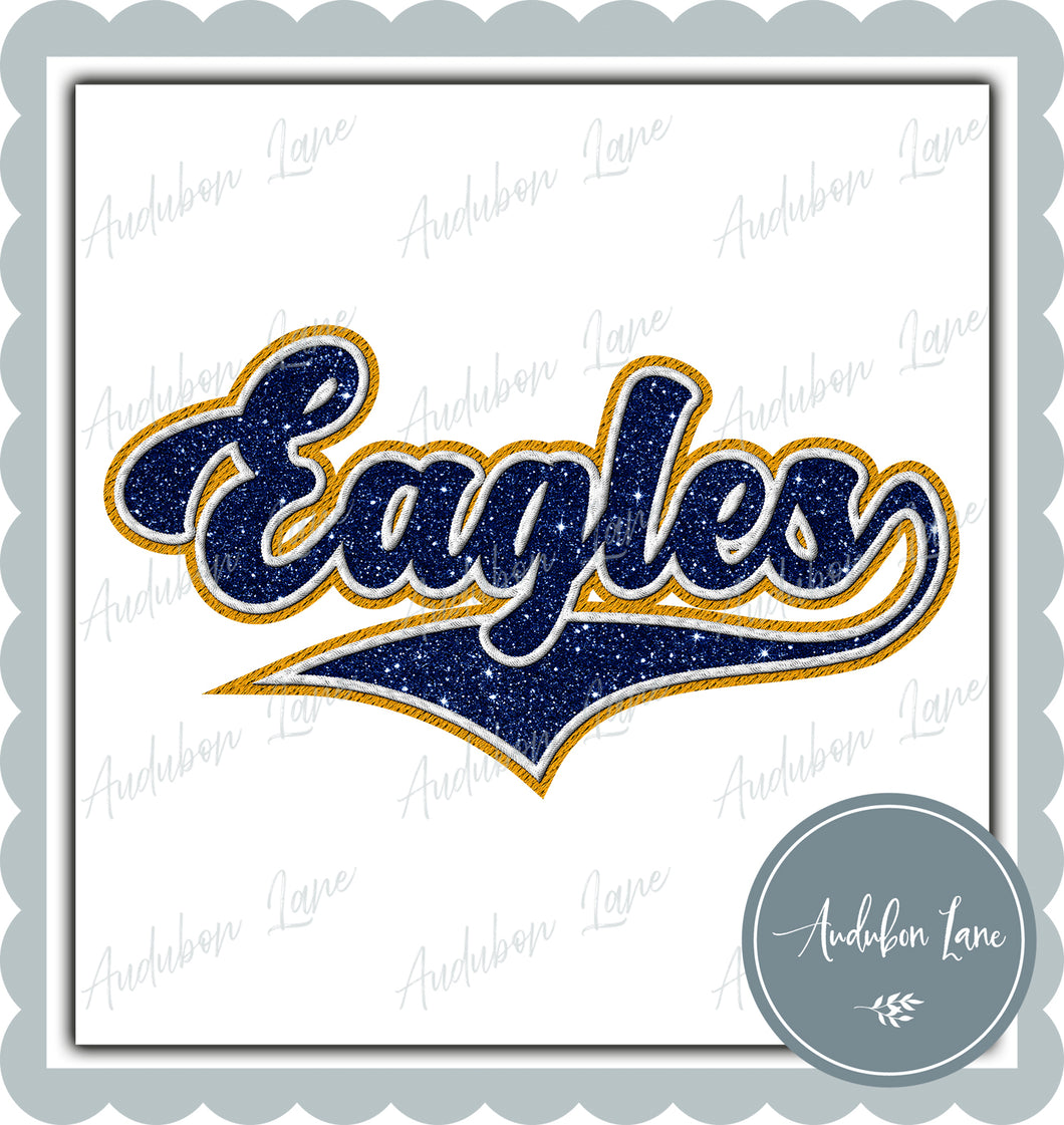 Eagles Faux Embroidery Patch Faux Navy Blue Glitter and White and Yellow Gold Ready To Press DTF Transfer Custom Colors Available On Request
