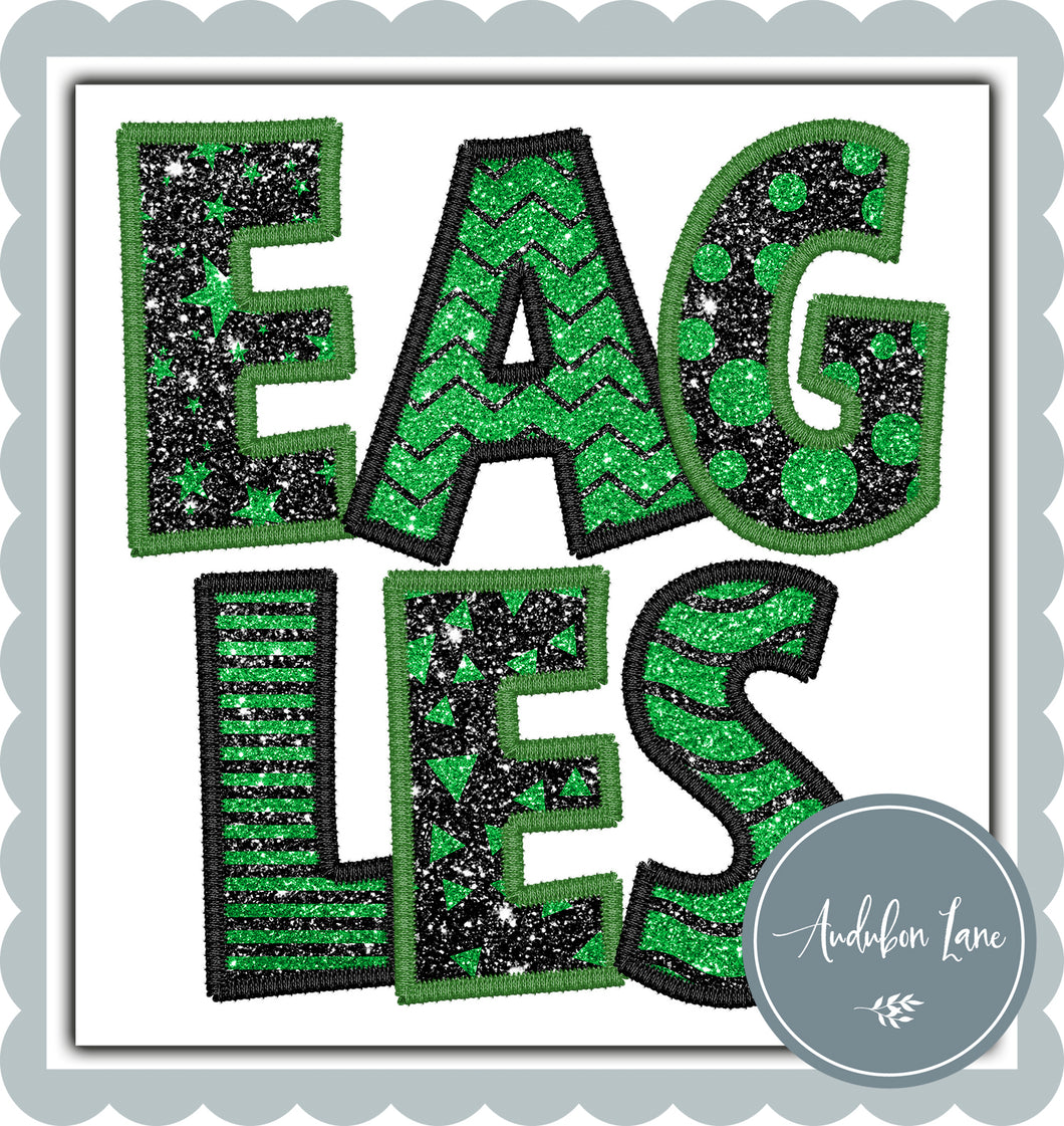 Eagles Stacked Faux Glitter and Embroidery Black and Green