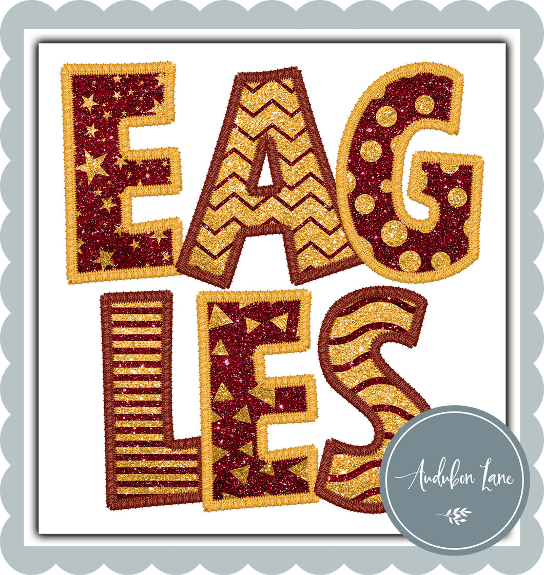 Eagles Stacked Faux Glitter and Embroidery Maroon and Gold