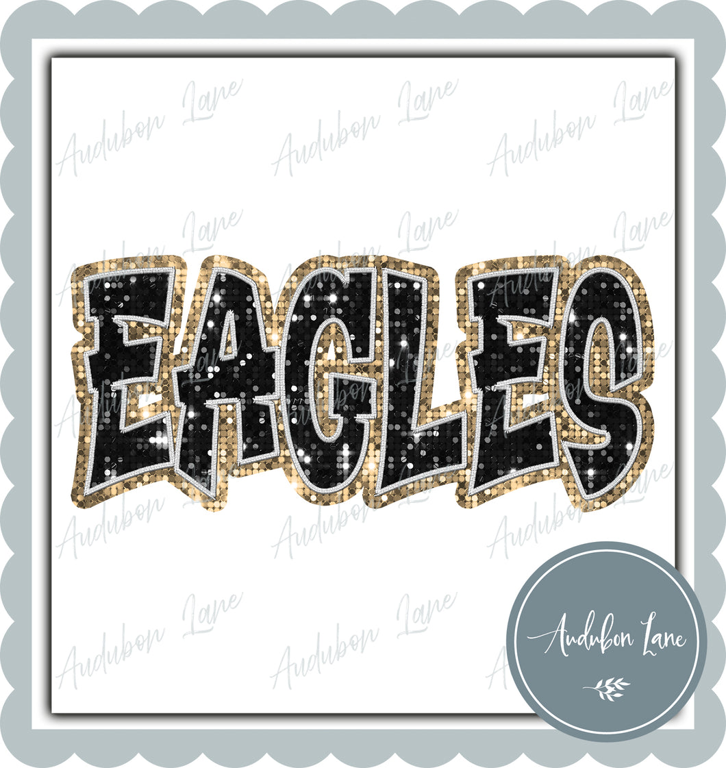 Eagles Graffiti Style Sequin Black and Vegas Gold Mascot Ready to Press DTF Transfer Customs Available On Request