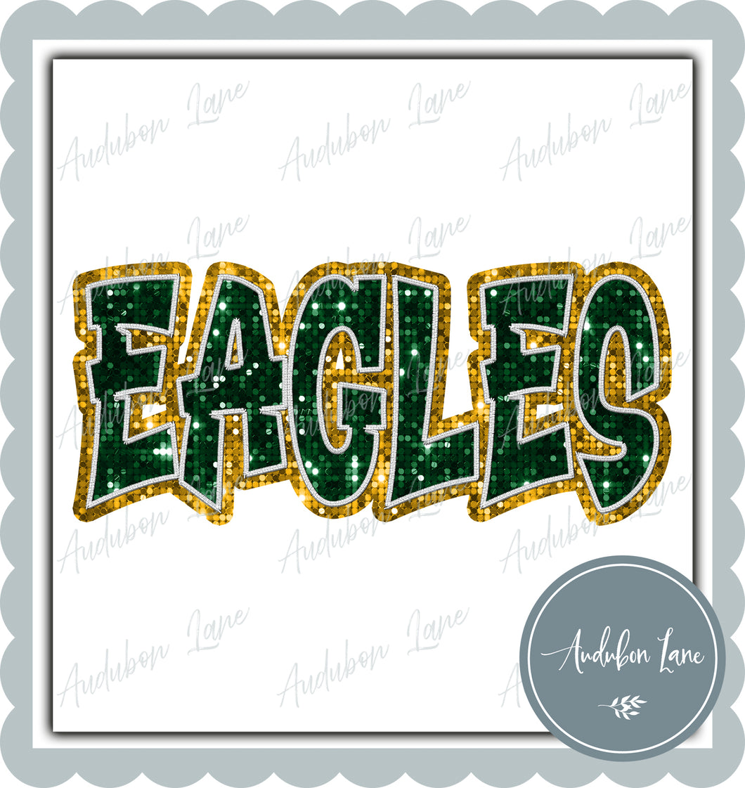 Eagles Graffiti Style Sequin Dk Green and Yellow Gold Mascot Ready to Press DTF Transfer Customs Available On Request