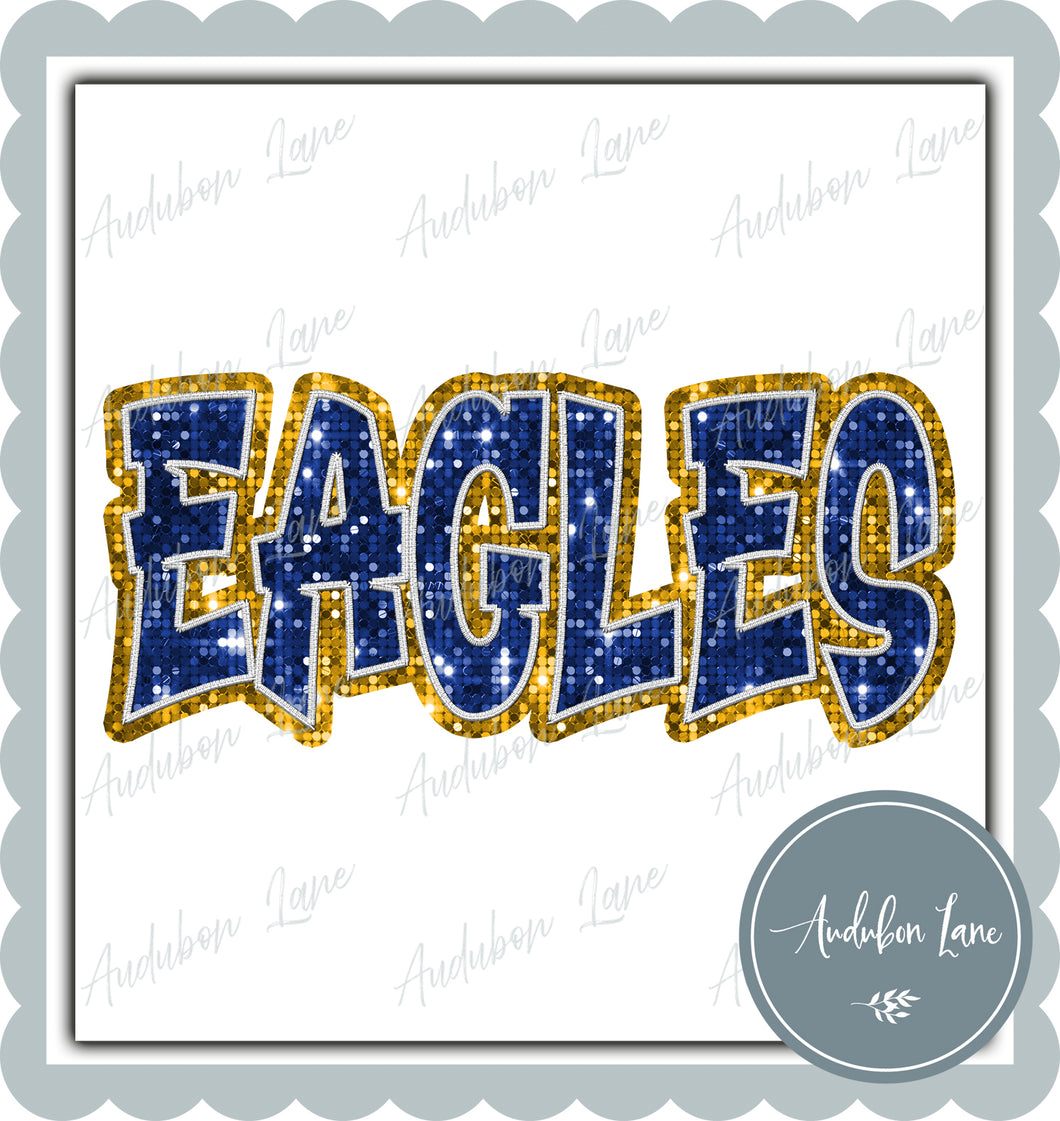 Eagles Graffiti Style Sequin Royal Blue and Yellow Gold Mascot Ready to Press DTF Transfer Customs Available On Request