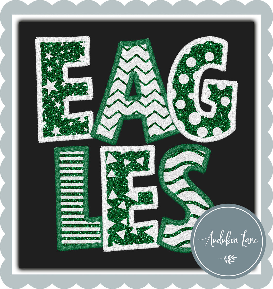 Eagles Stacked Faux Glitter and Embroidery White and Green