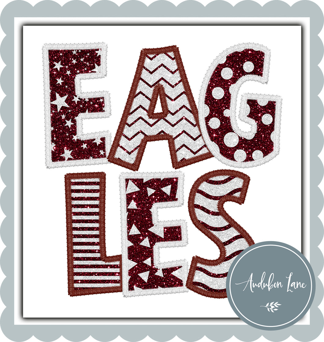 Eagles Stacked Faux Glitter and Embroidery Maroon and White