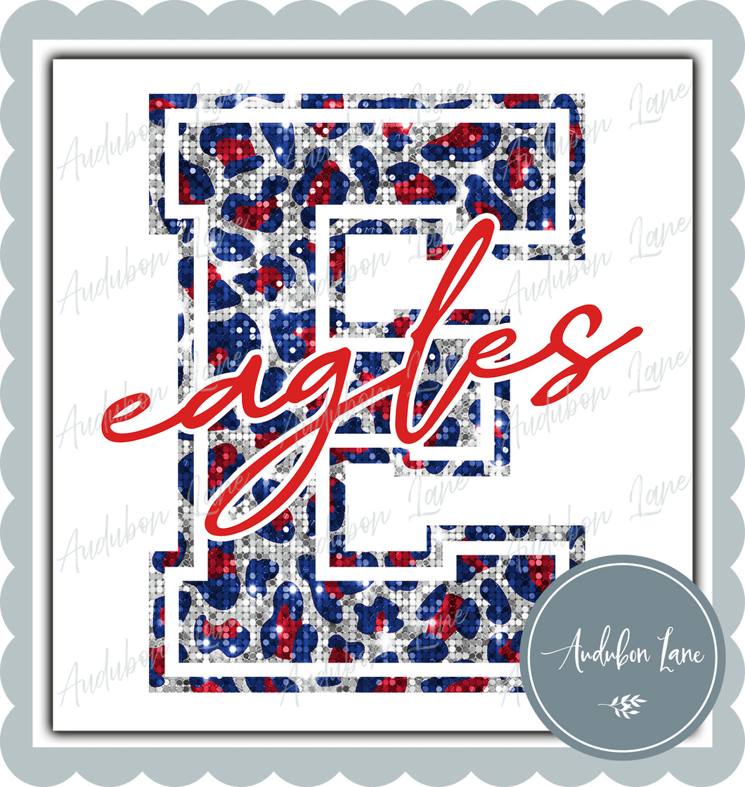 Eagles Patriotic Sequin Leopard Mascot Letter Ready to Press DTF Transfer Customs Available On Request