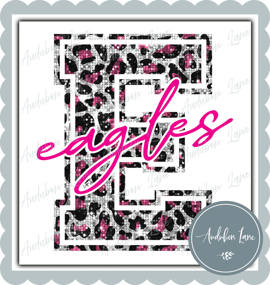 Eagles Pink Sequin Leopard Mascot Letter Ready to Press DTF Transfer Customs Available On Request