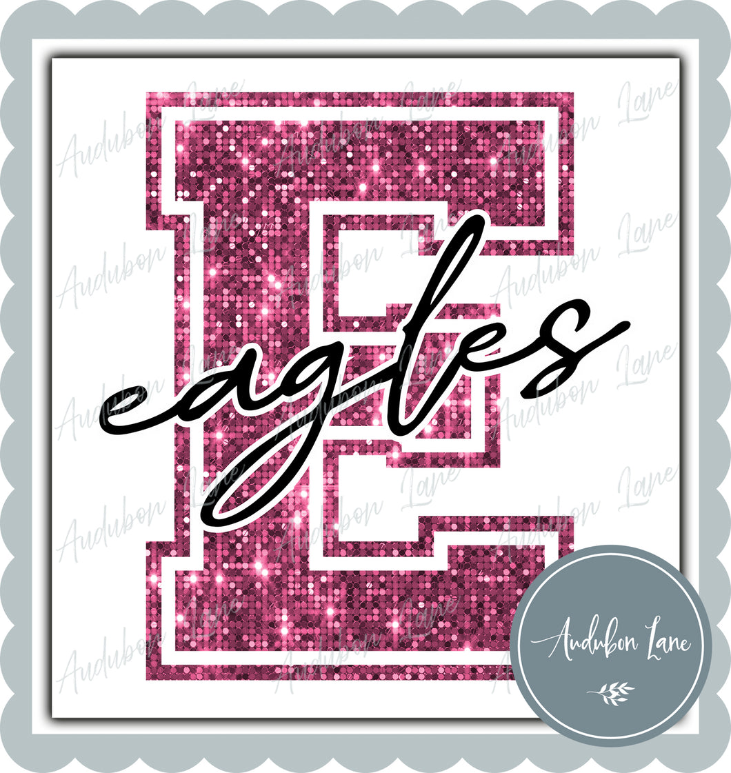 Eagles Breast Cancer Awareness Faux Pink Sequin Mascot Letter Ready to Press DTF Transfer Customs Available On Request