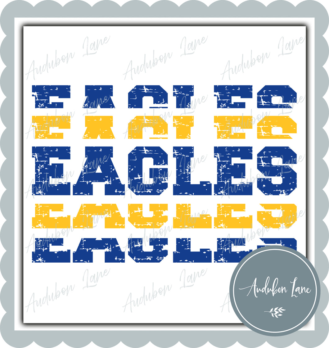 Eagles Stacked Pro Distressed Two Color Royal Blue and Yellow Ready To Press DTF Transfer Custom Colors Available On Request