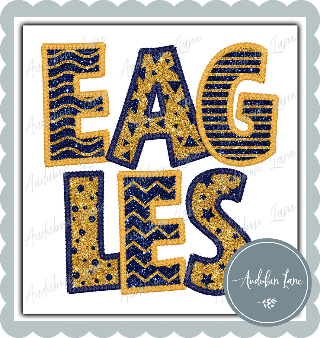 Eagles Stacked Faux Glitter and Embroidery Navy and Yellow Gold Shapes Ready To Press DTF Transfer Custom Colors Available On Request