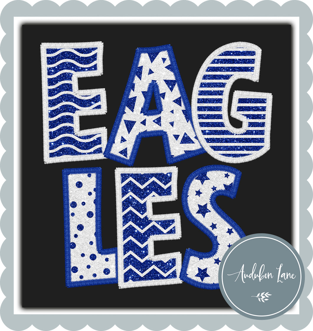 Eagles Stacked Faux Glitter and Embroidery Royal Blue and White Shapes Ready To Press DTF Transfer Custom Colors Available On Request
