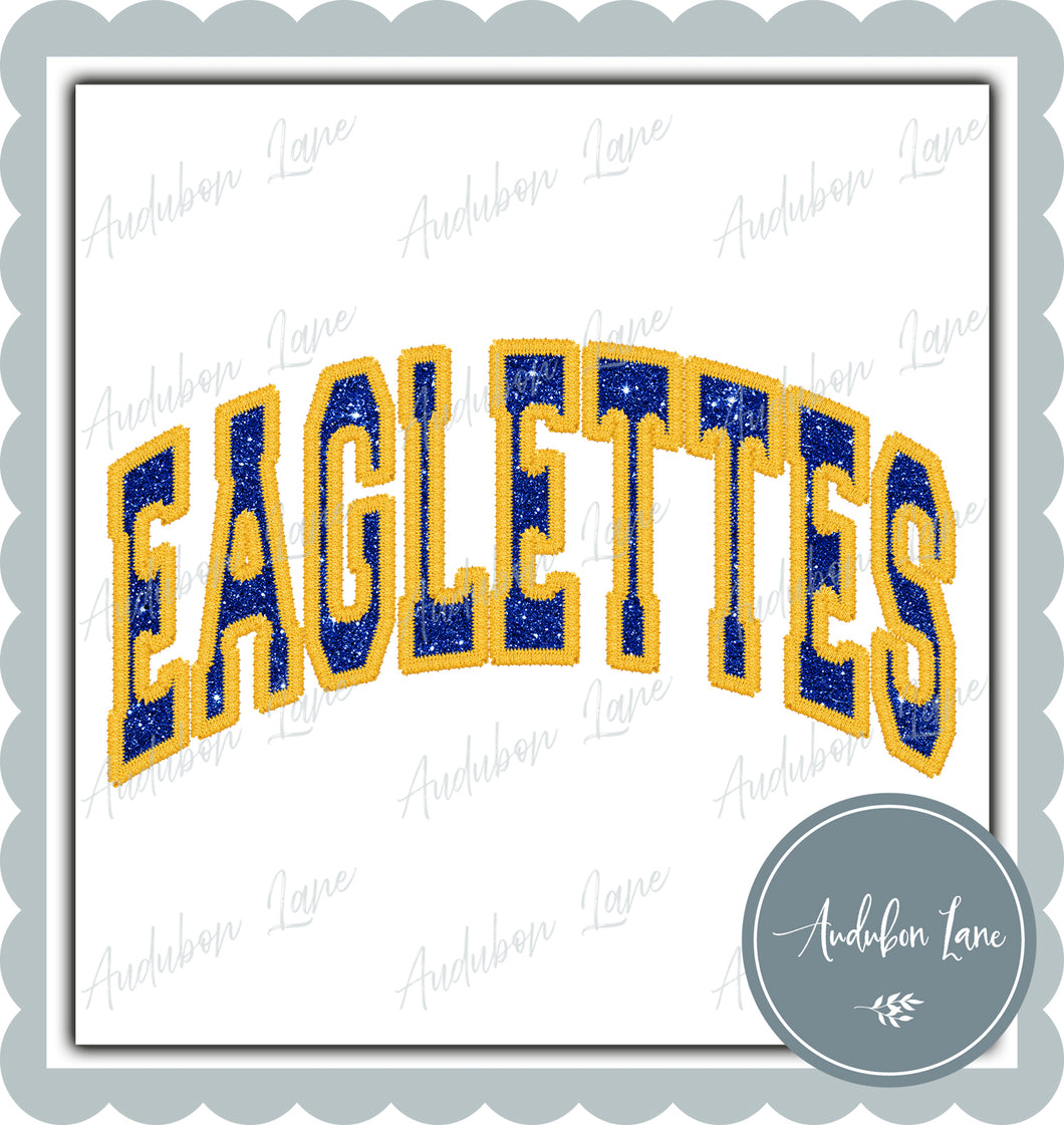 Eaglettes Faux Yellow Gold Arched Embroidery With Royal Blue Glitter Ready To Press DTF Transfer Custom Colors Available On Request