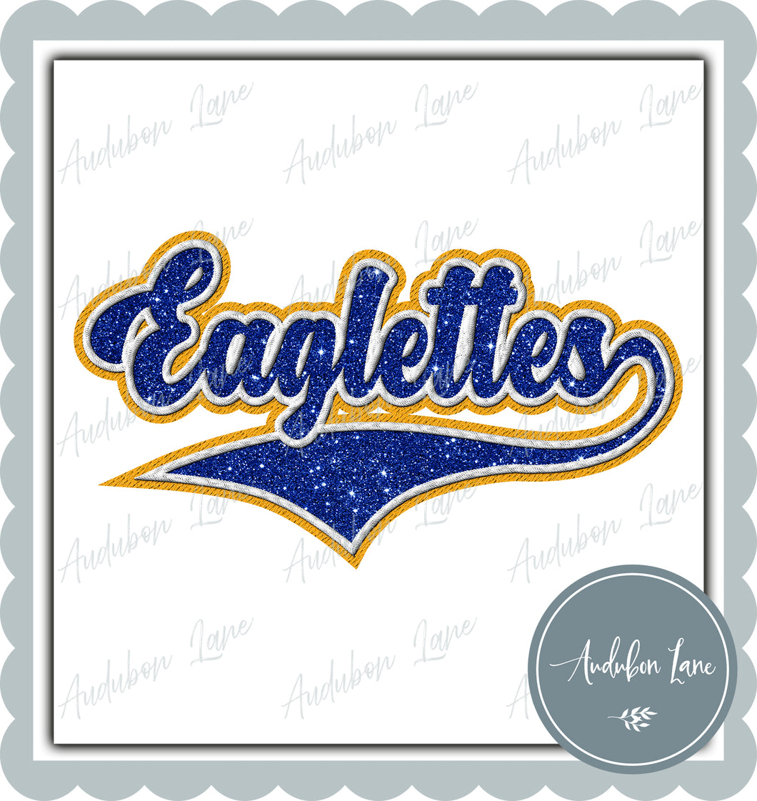 Eaglettes Faux Embroidery Patch Faux Royal Blue Glitter and White and Yellow Gold Ready To Press DTF Transfer Custom Colors Available On Request