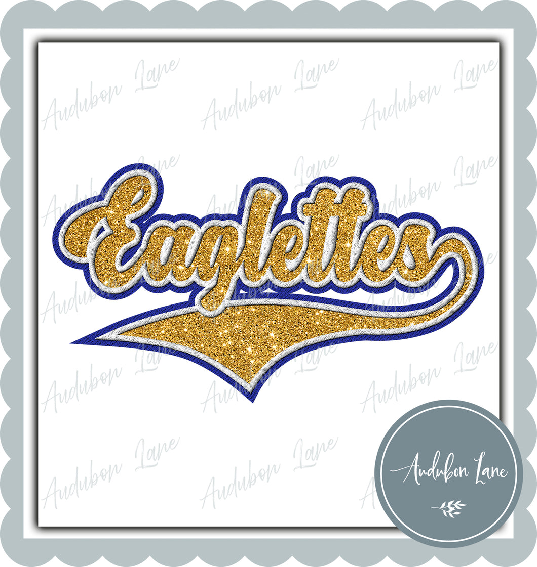 Eaglettes Faux Embroidery Patch Faux Yellow Gold Glitter and White and Royal Blue Ready To Press DTF Transfer Custom Colors Available On Request