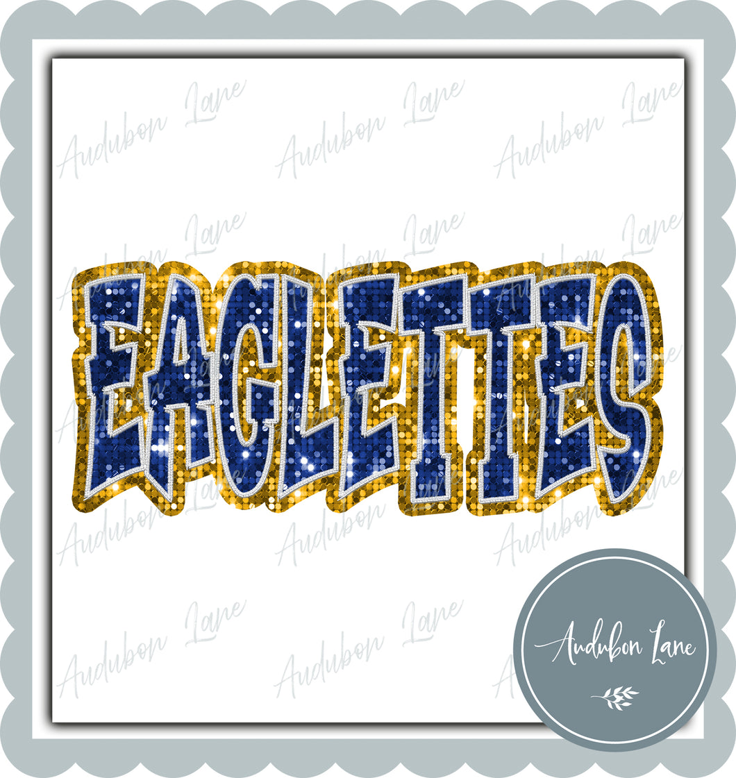 Eaglettes Graffiti Style Sequin Royal Blue and Yellow Gold Mascot Ready to Press DTF Transfer Customs Available On Request