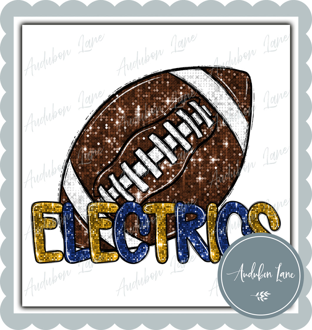 Electrics Royal and Gold Faux Sequin Football with Mascot Print Ready To Press DTF Transfer Custom Colors Available On Request