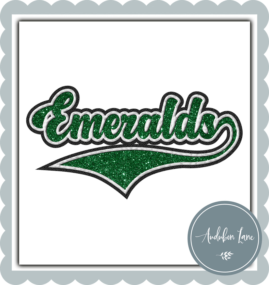 Emeralds Faux Embroidery Patch Faux Kelly Green Glitter and White and Black Ready To Press DTF Transfer Custom Colors Available On Request