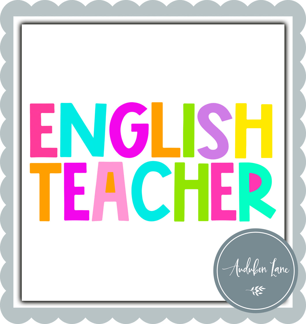 English Teacher Bright Block Letters Ready to Press DTF Transfer Custom Names Available On Request