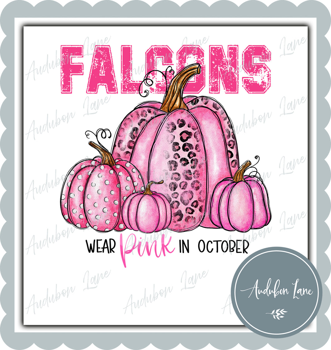 Falcons Breast Cancer Awareness Mascot We Wear Pink In October Pumpkins Letter Ready to Press DTF Transfer Custom Requests Available for Mascot