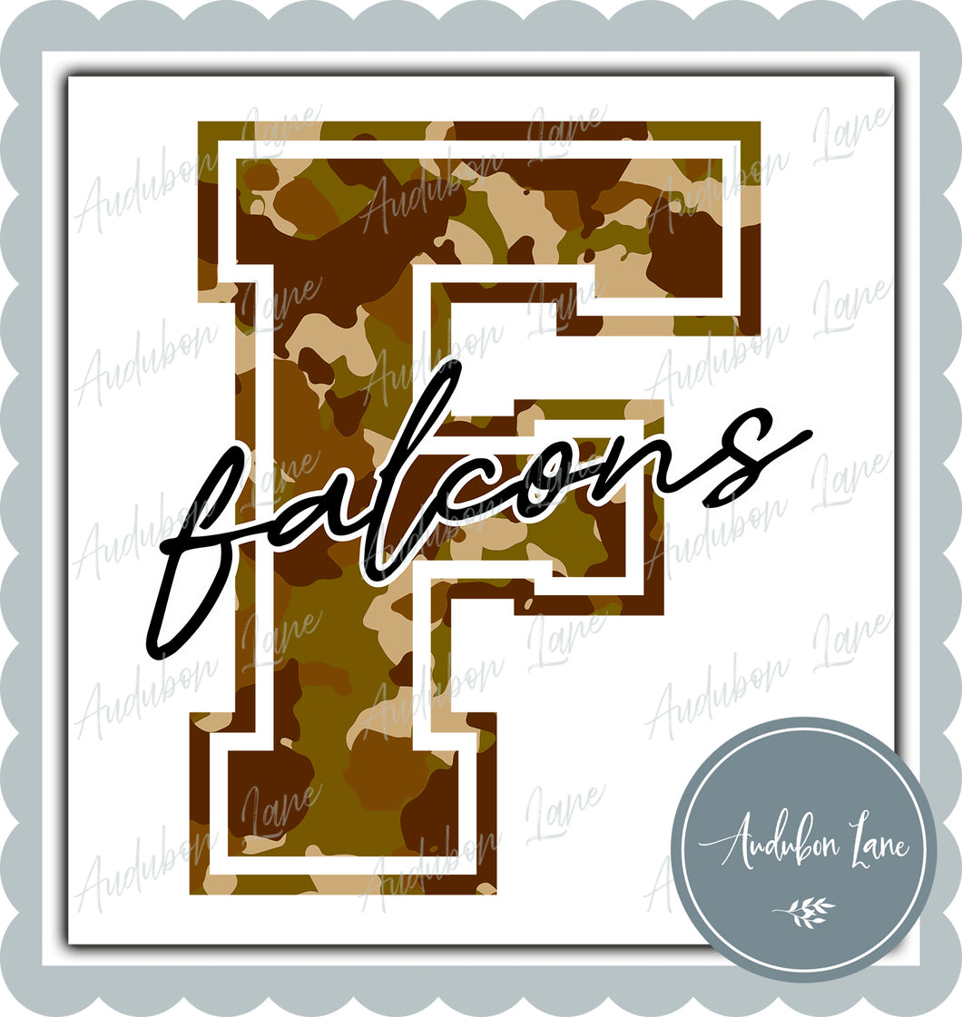 Falcons Old School Camo Mascot Letter Ready to Press DTF Transfer Customs Available On Request