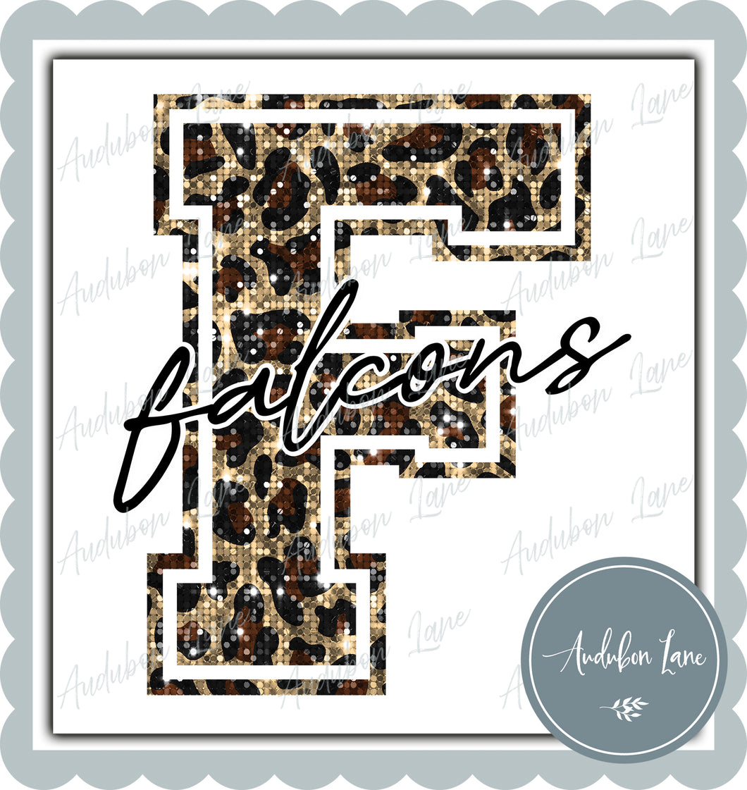 Falcons Sequin Leopard Mascot Letter Ready to Press DTF Transfer Customs Available On Request