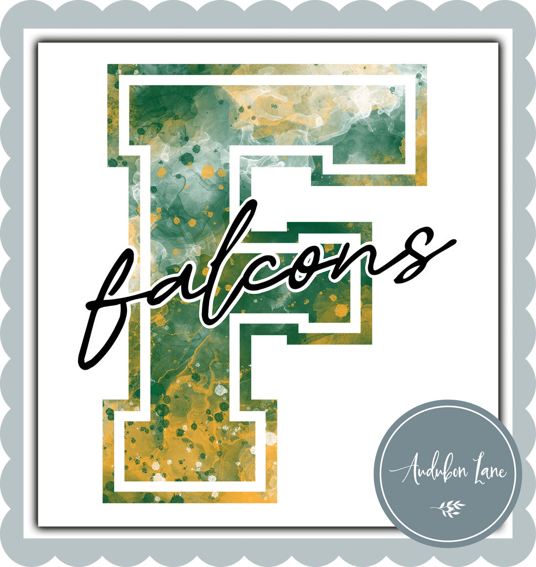 Falcons Dk Green and Yellow Gold Watercolor Team Mascot Letter