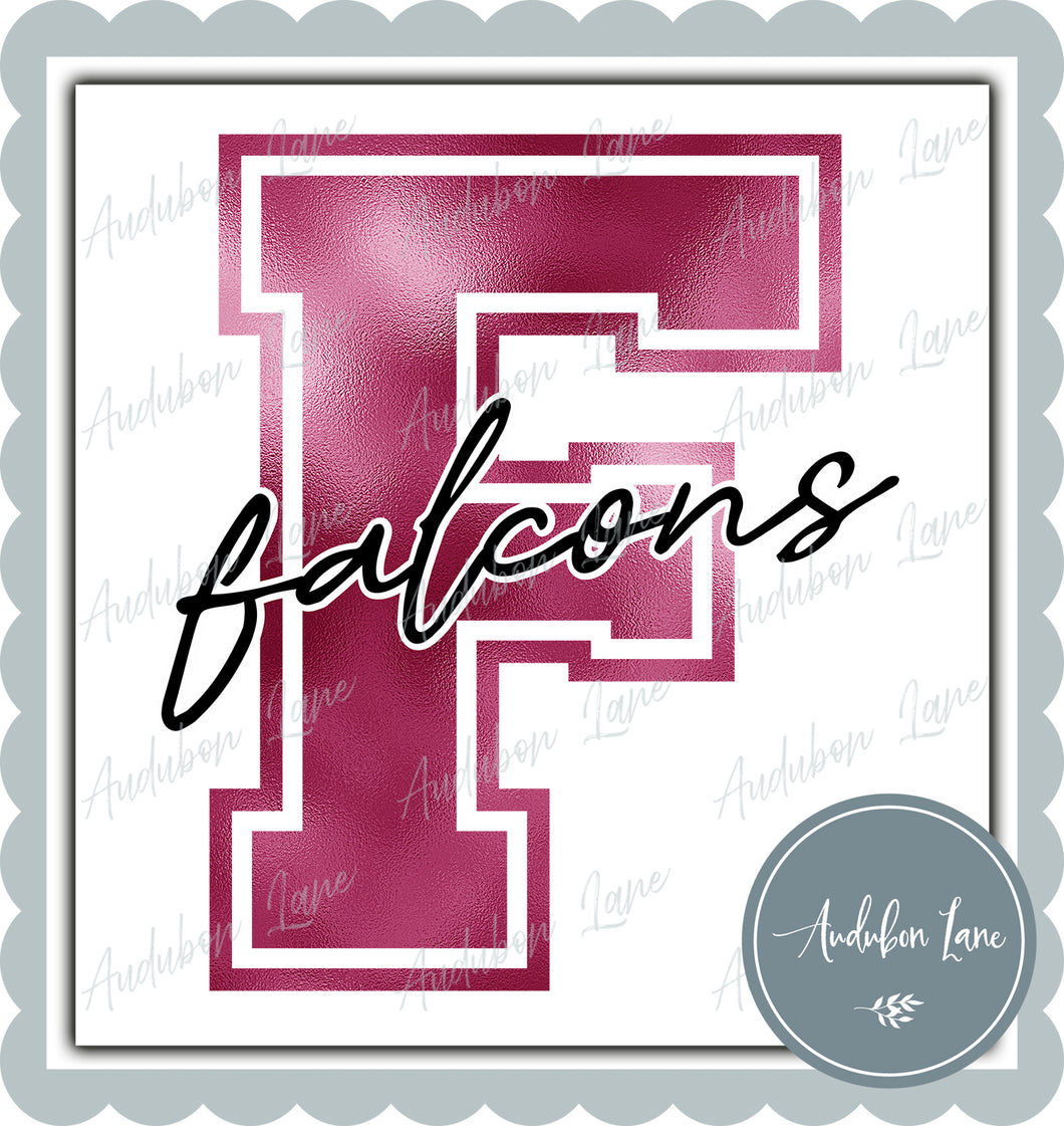 Falcons Breast Cancer Awareness Faux Metallic Pink Foil Mascot Letter Ready to Press DTF Transfer Customs Available On Request