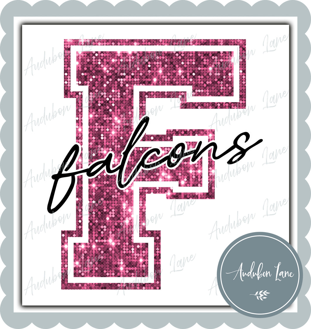 Falcons Breast Cancer Awareness Faux Pink Sequin Mascot Letter Ready to Press DTF Transfer Customs Available On Request