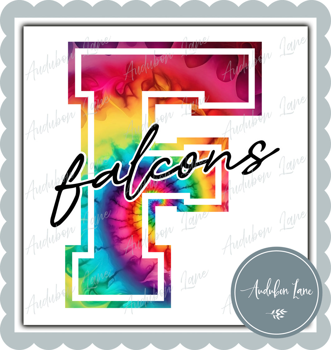 Falcons Rainbow Tie Dye Mascot Letter Ready to Press DTF Transfer Customs Available On Request