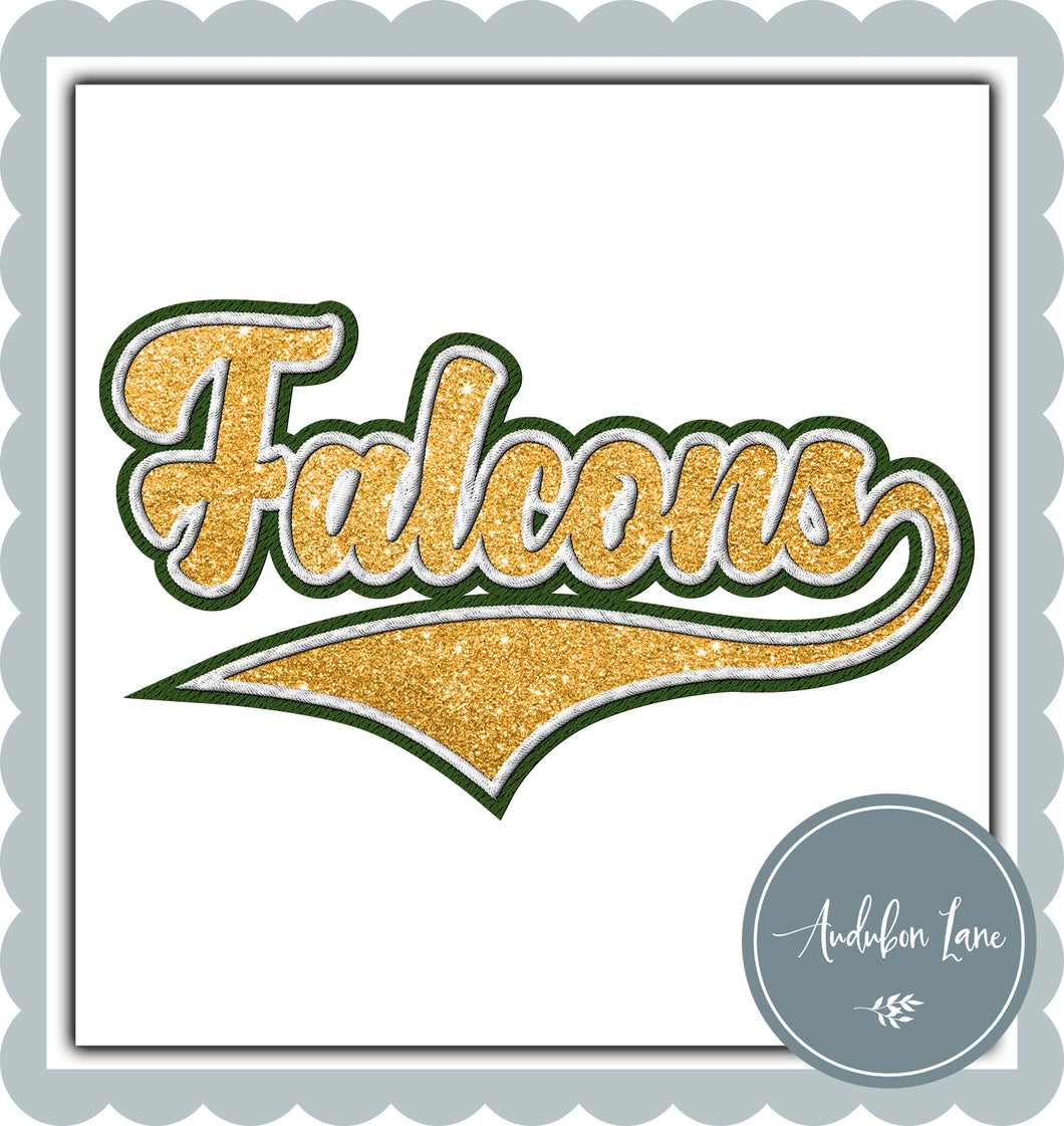 Falcons Faux Dark Green and White Embroidery and Faux Gold Glitter
