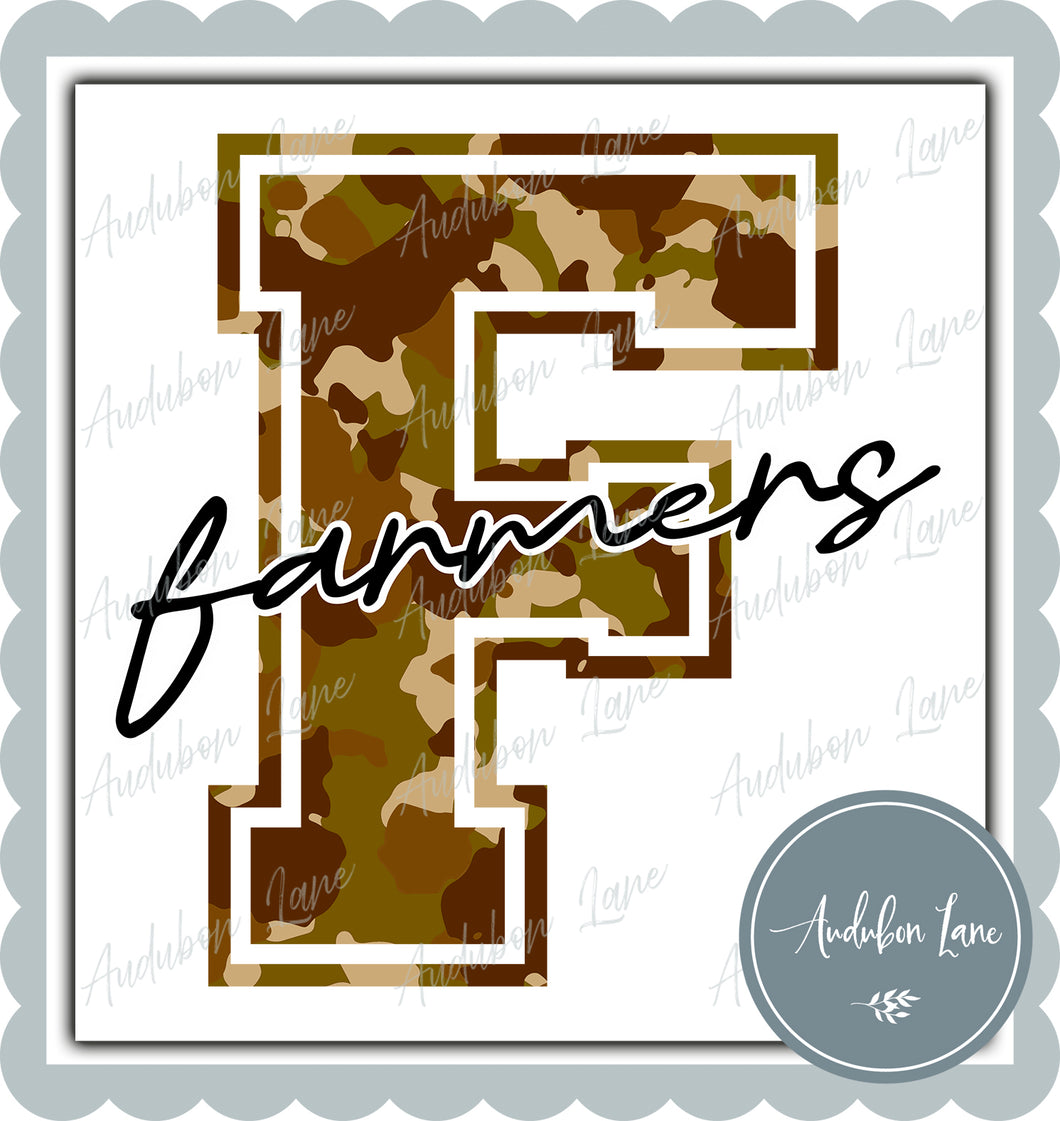 Farmers Old School Camo Mascot Letter Ready to Press DTF Transfer Customs Available On Request