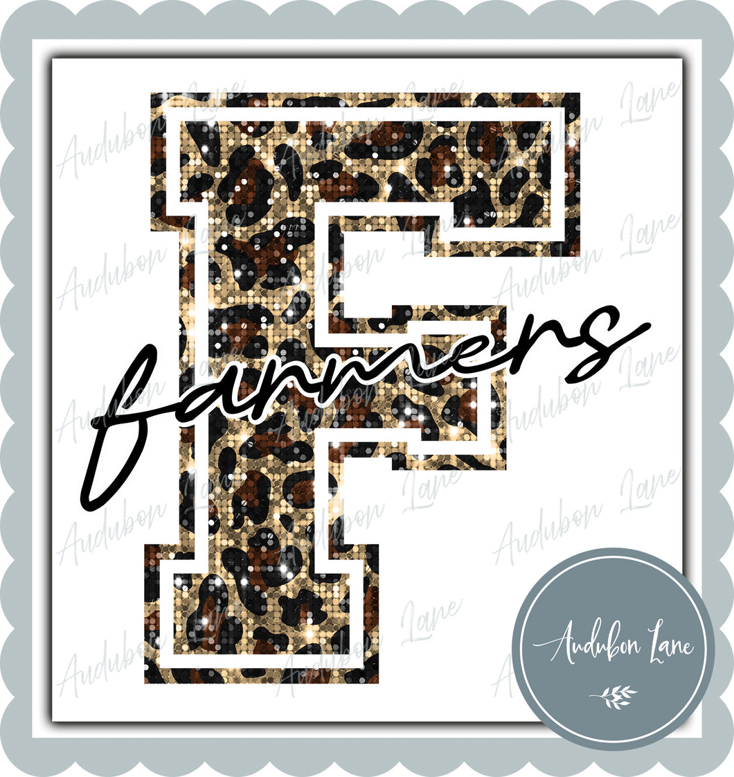 Farmers Sequin Leopard Mascot Letter Ready to Press DTF Transfer Customs Available On Request